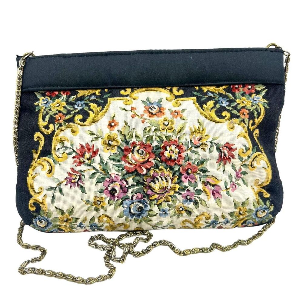 Vintage Walborg Floral Tapestry Crossbody Purse Black Shoulder Bag 1960s 1970s